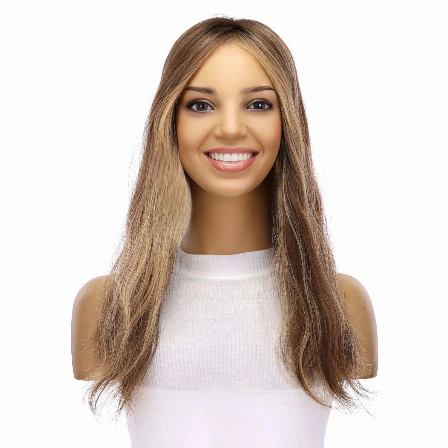 18" Topaz Lace Top Topper Medium Brown w/ Highlights Slightly Wavy