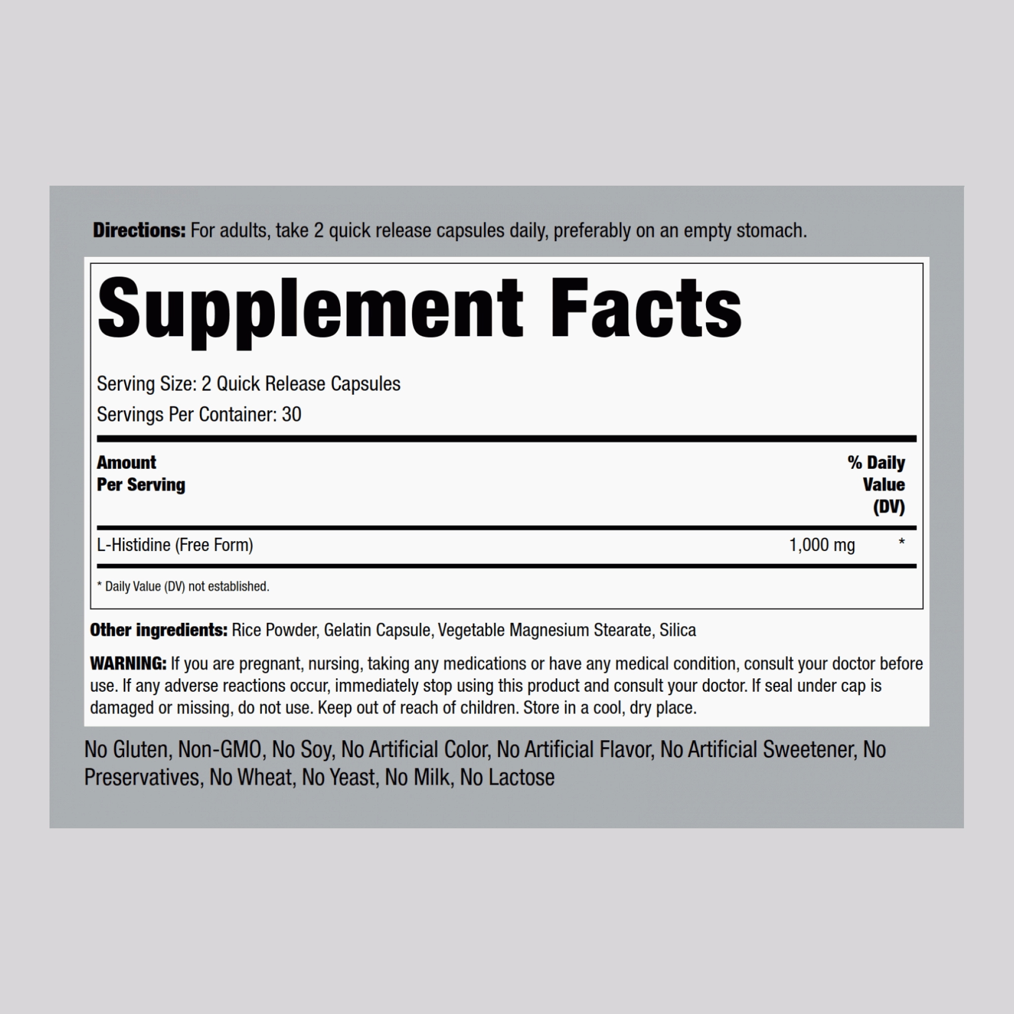 L-Histidine, 1000 mg (per serving), 60 Quick Release Capsules