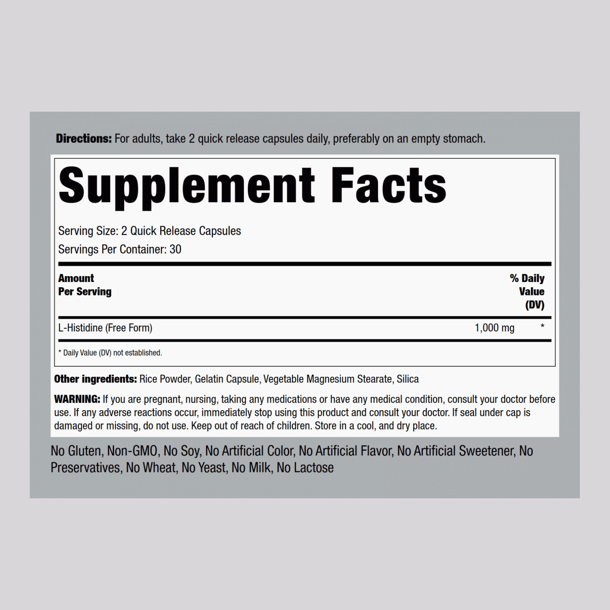 L-Histidine, 1000 mg (per serving), 60 Quick Release Capsules
