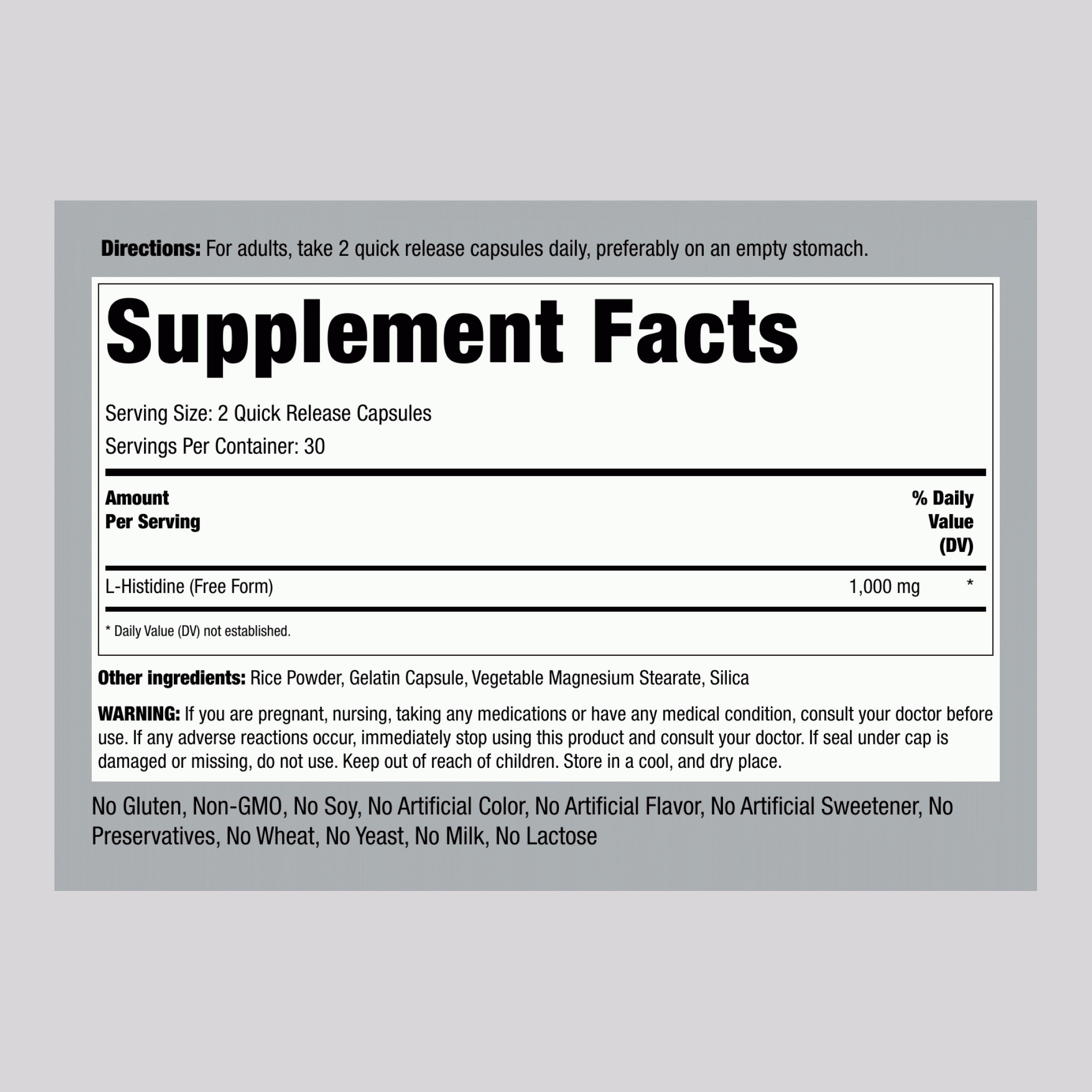 L-Histidine, 1000 mg (per serving), 60 Quick Release Capsules