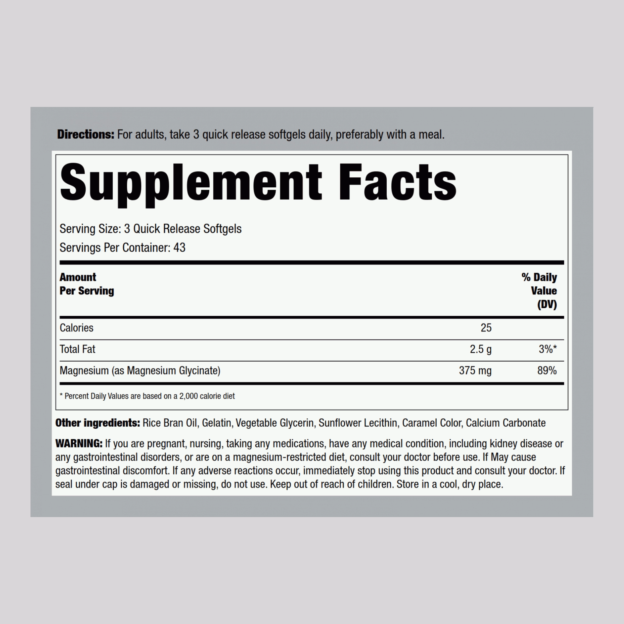 Magnesium Glycinate, 375 mg (per serving), 130 Quick Release Softgels