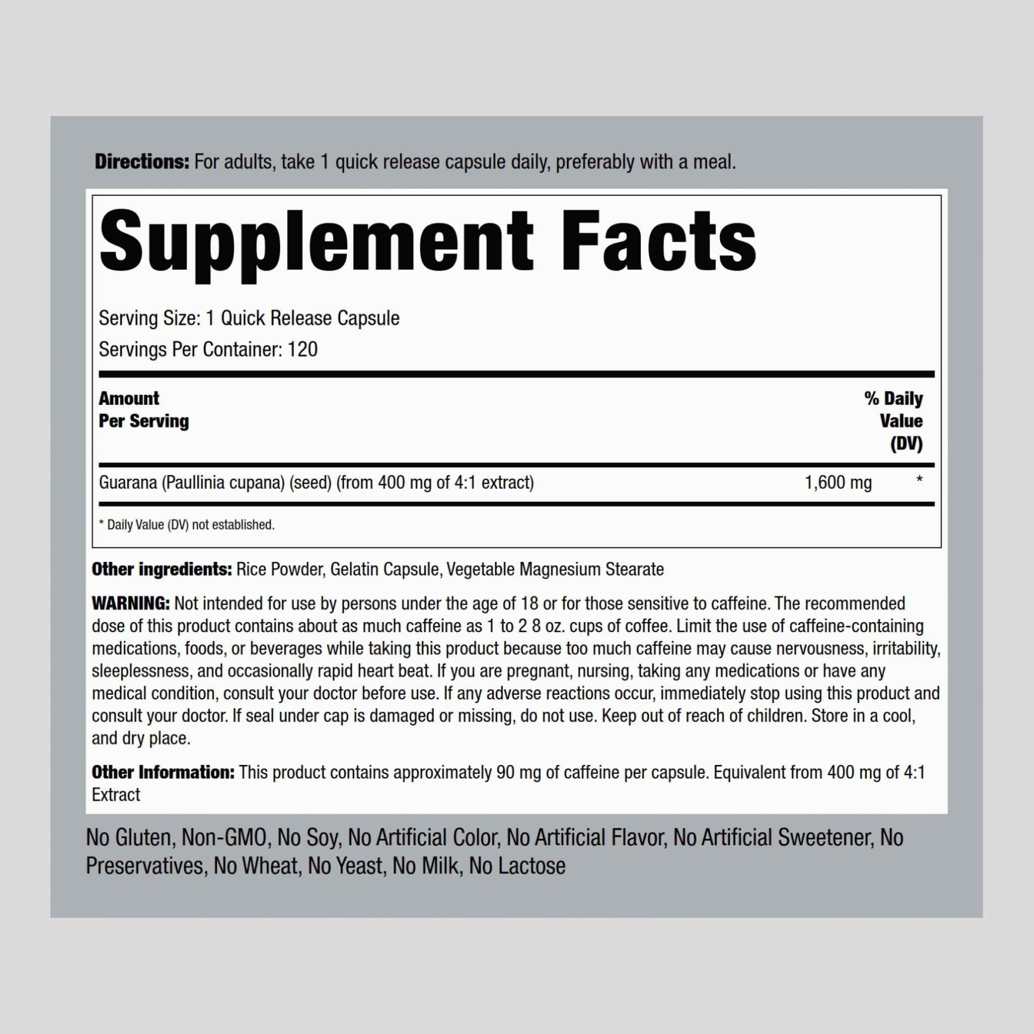 Mega Strength Guarana, 1600 mg, 120 Quick Release Capsules