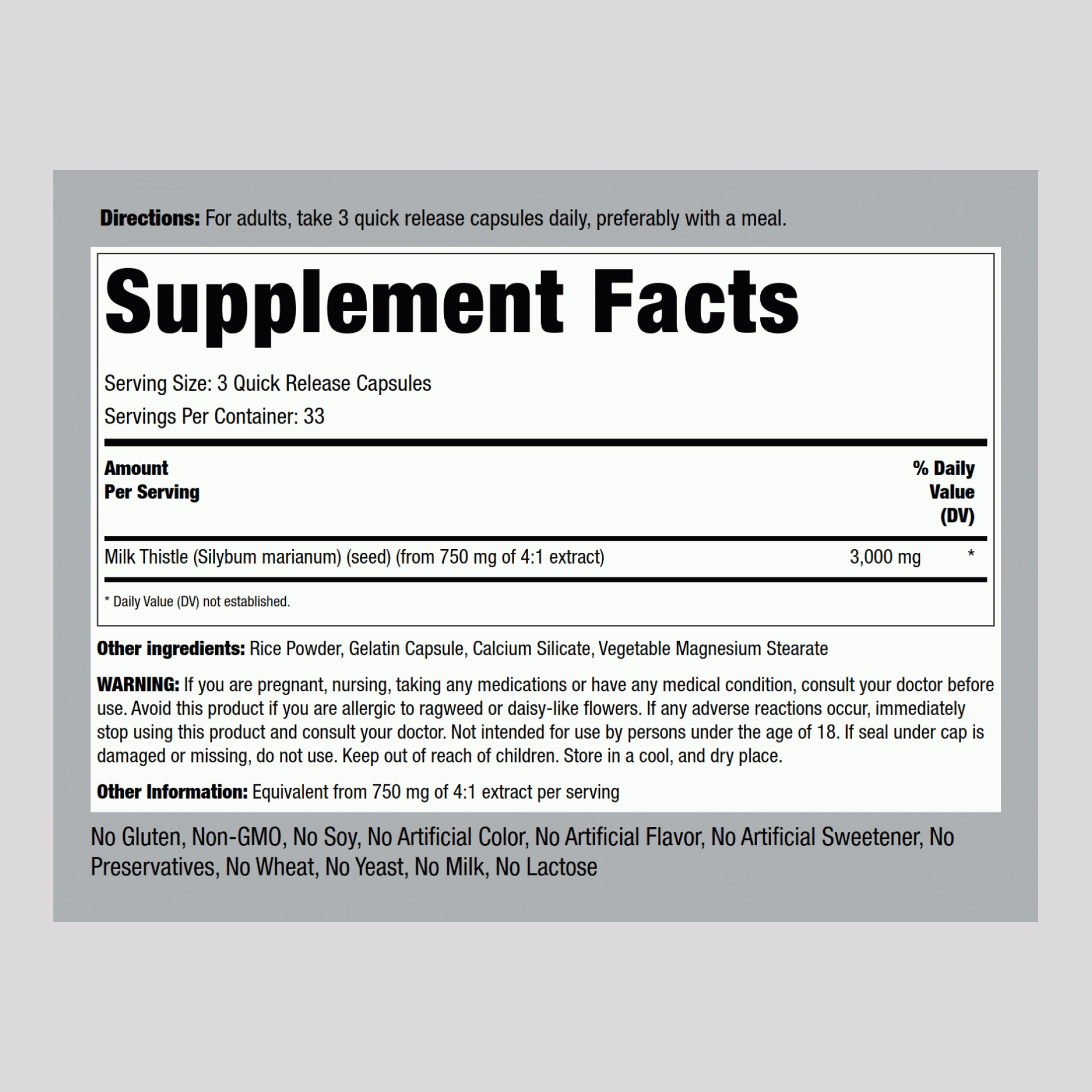Milk Thistle Seed Extract, 3000 mg (per serving), 100 Quick Release Capsules