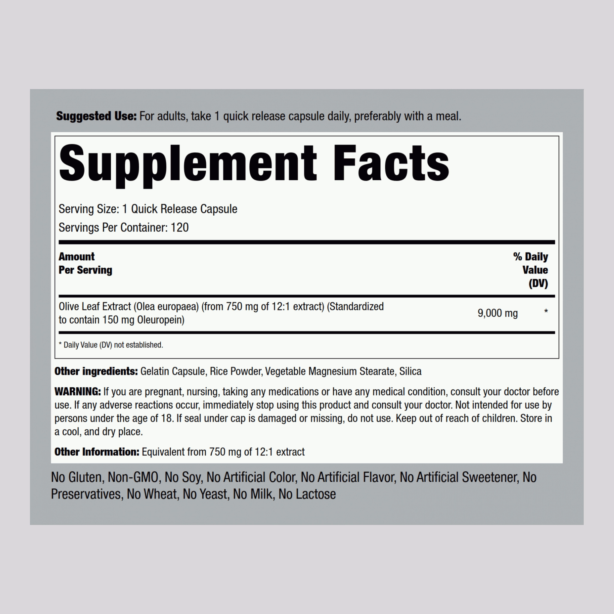 Olive Leaf Extract, 9000 mg, 120 Quick Release Capsules