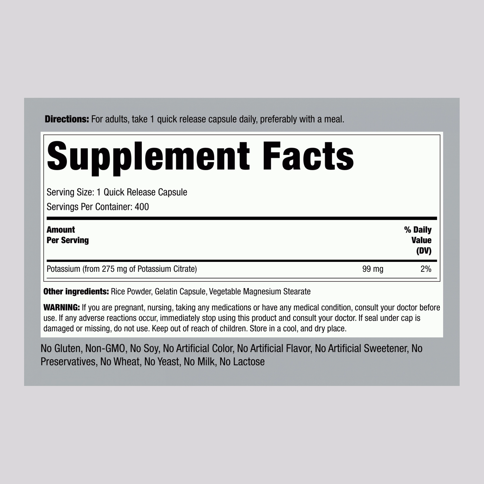 Potassium Citrate, 275 mg, 400 Quick Release Capsules