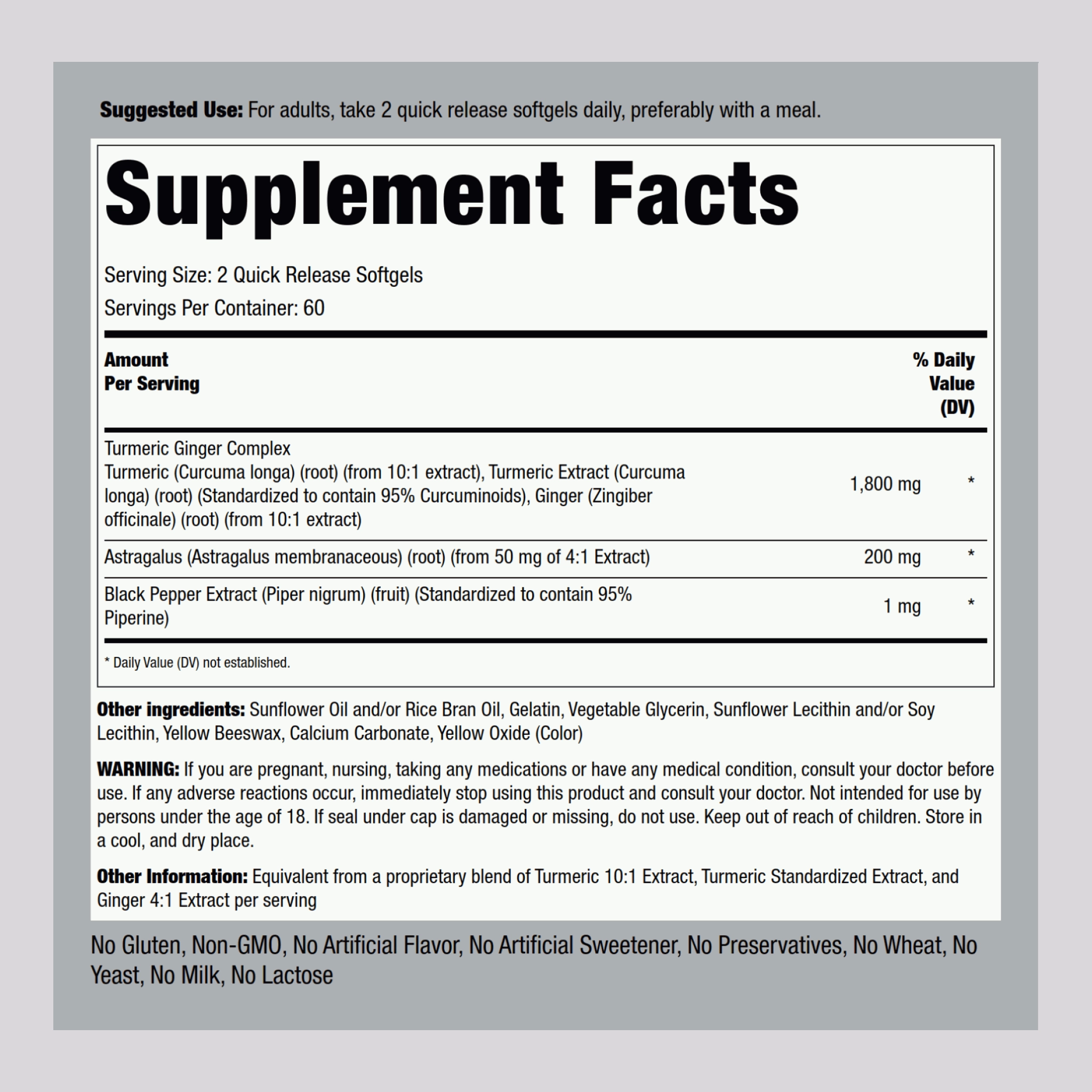 Turmeric Ginger Complex Standardized, 1800 mg (per serving), 120 Quick Release Softgels, 2  Bottles