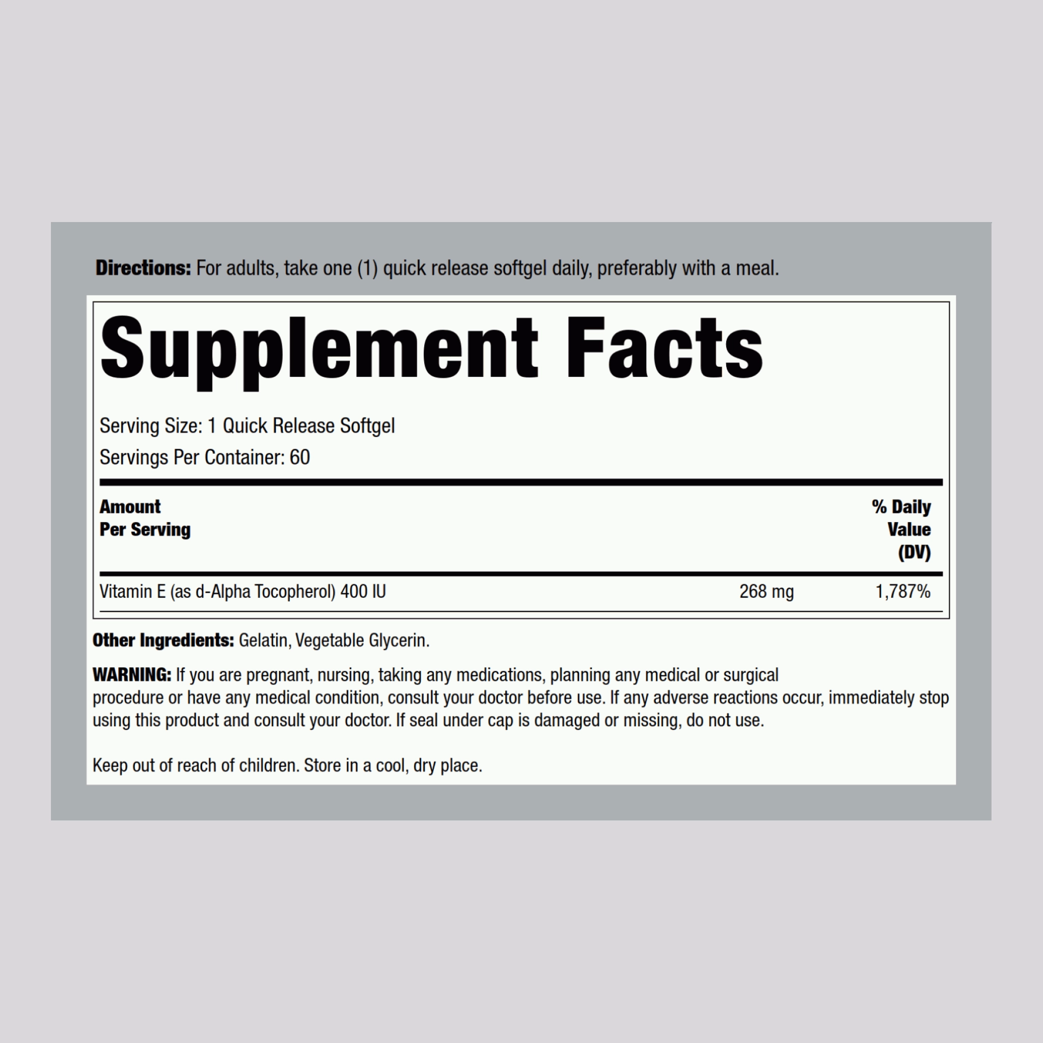 Vitamin E-400 IU (d-Alpha Tocopherol), 60 Quick Release Softgels
