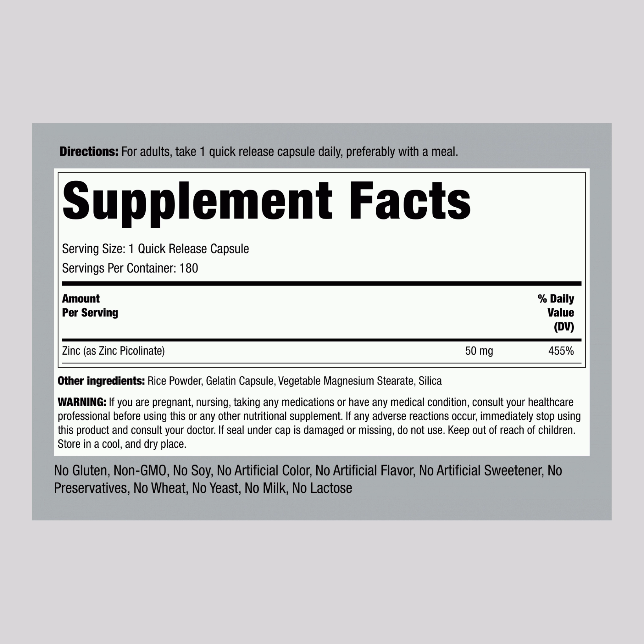 Zinc Picolinate (High Absorption Zinc), 50 mg, 180 Quick Release Capsules, 2  Bottles